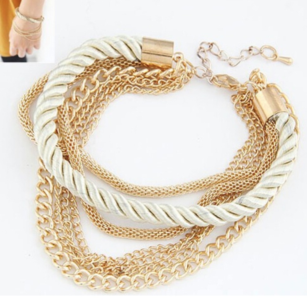White Rope & Gold Chain Multi Strand Bracelet